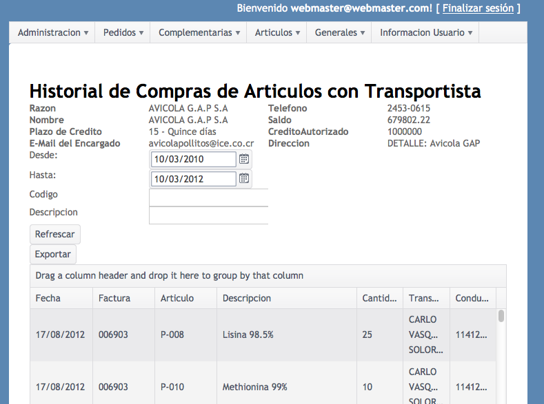 Pantalla Consulta de Transportista